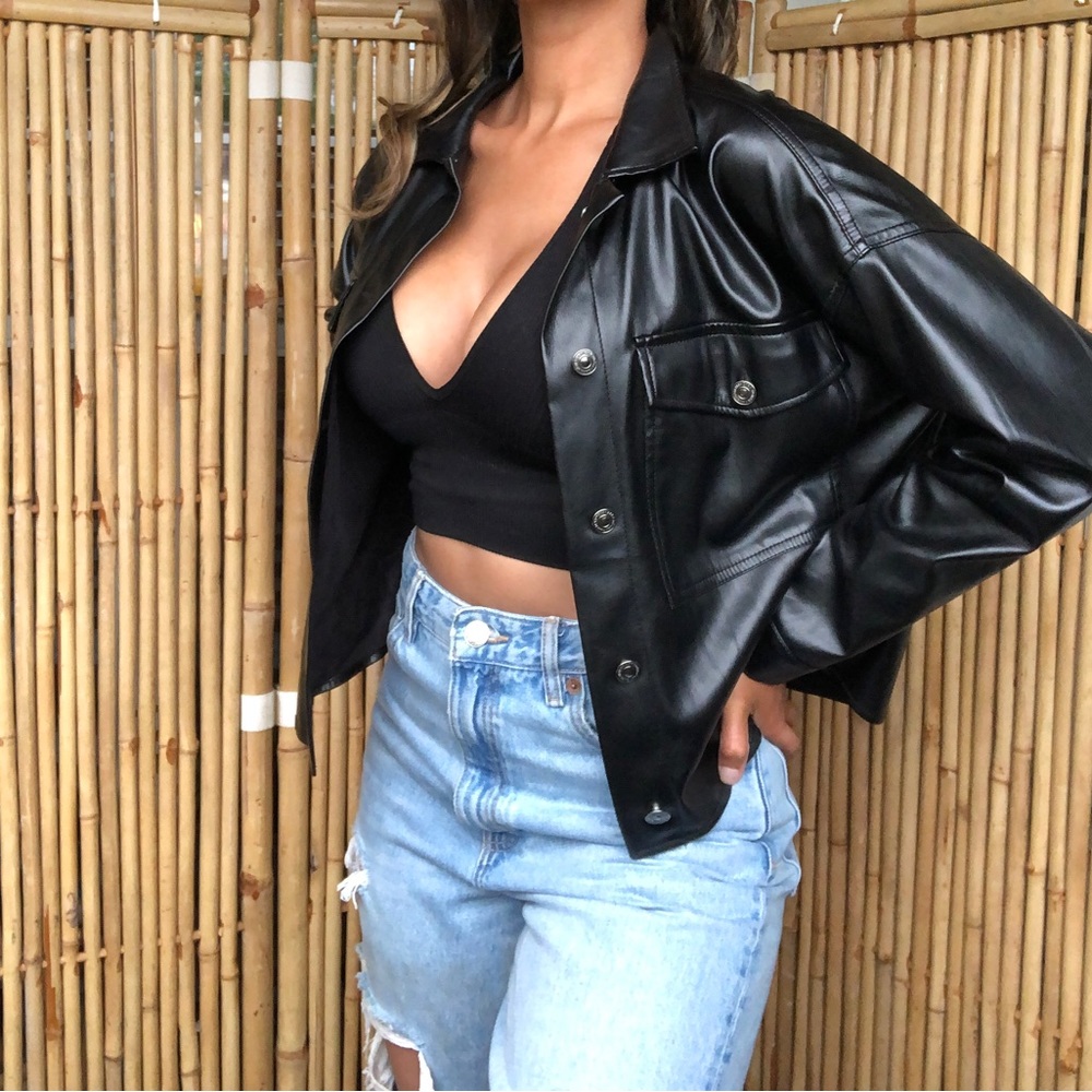 ZARA Black Faux Leather Shirt, size XS